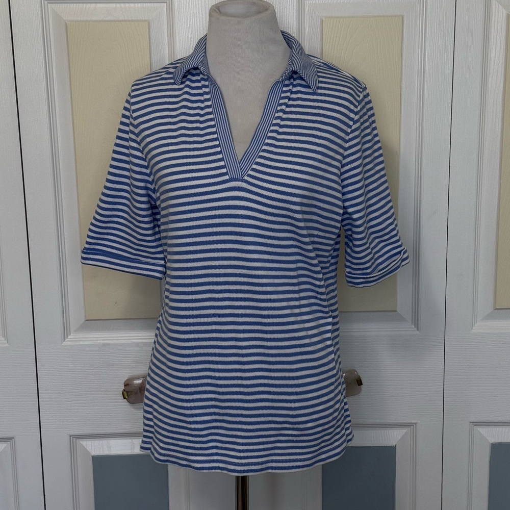Lands' End Blue‎ and White Stripe Open Neck Collared Polo Jersey Top Sz M